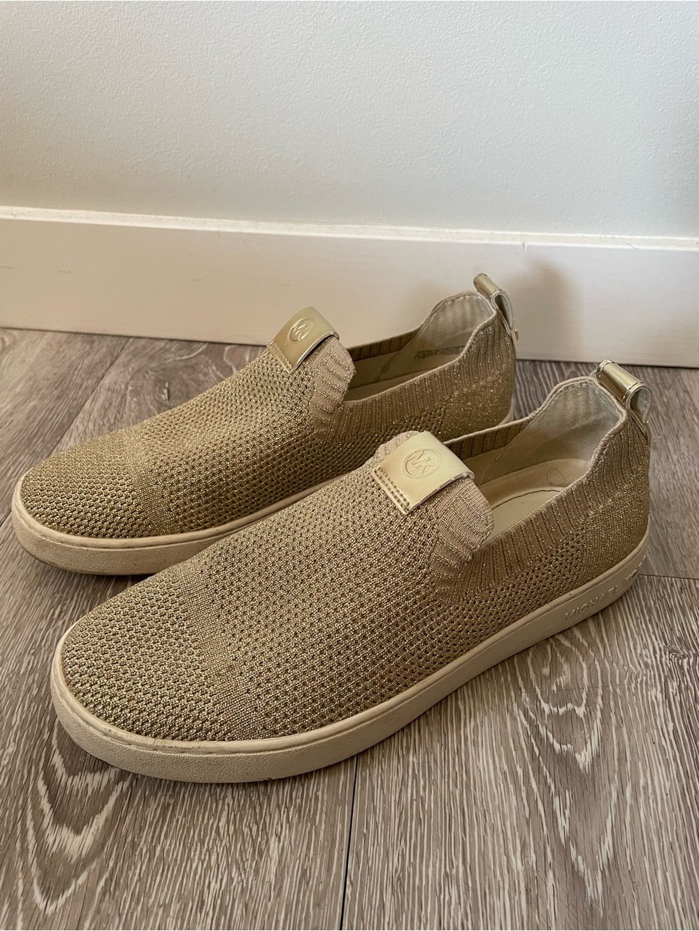 Michael Kors Gold Metallic Stretch Knit Slip On Sneakers Flats Size 8